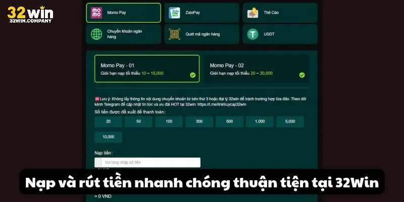 Nạp và rút tiền nhanh chóng thuận tiện tại nhà cái 32win