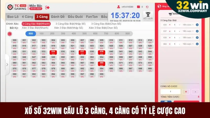 Chơi xổ số 32win cược lô 3 càng 4 càng với tỷ lệ cược cao